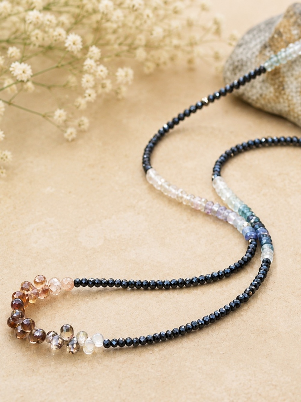 Natural Black Spinel, Ombre Sapphire Wrap Bracelet Convertible Necklace 14k Gold